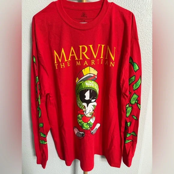 NWOT Looney Tunes Mens Red Marvin The Martian Long Sleeve T-Shirt size XL - Picture 1 of 4